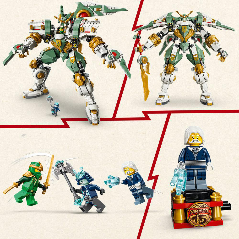 Grüne und weiße Mechs mit goldenen Akzenten stehen neben Minifiguren.