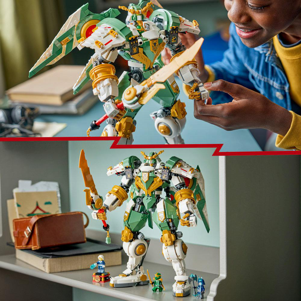 Ein Kind spielt mit einem grünen und weißen Lego-Mech mit goldenem Schwert. Eine andere Aufnahme zeigt den Mech.