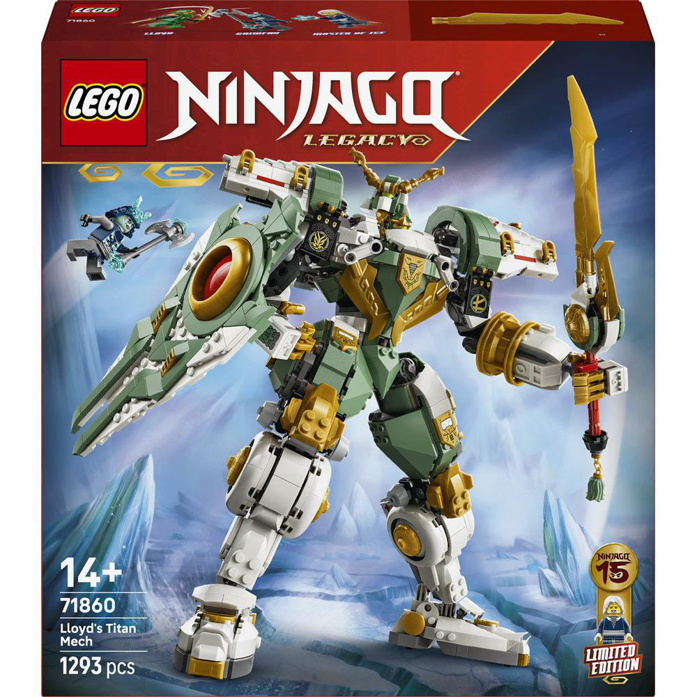 Ein grüner und weißer Lego Ninjago Mech mit einem goldenen Schwert steht vor eisigen Hintergründen.