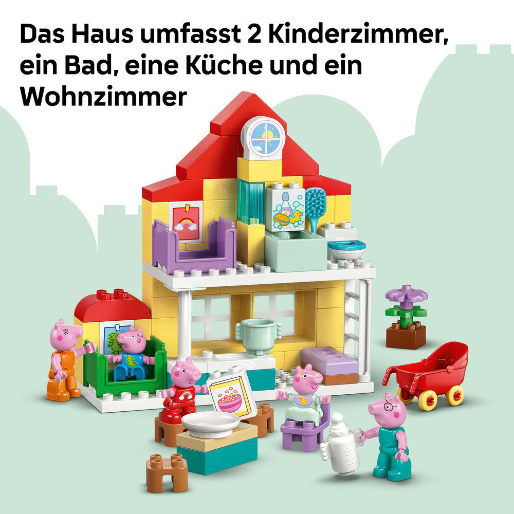 Ein buntes Spielhaus mit Peppa Wutz Figuren und Möbeln.