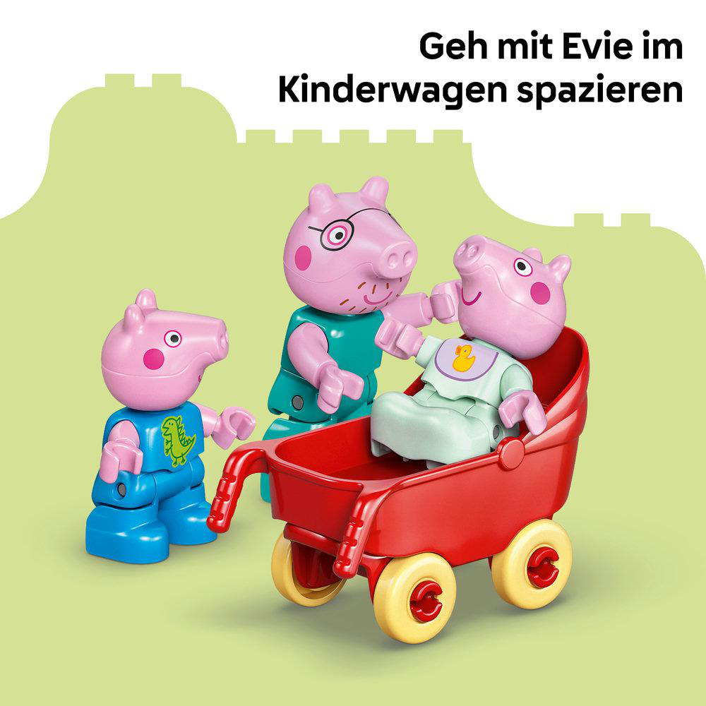 Peppa Wutz und ihre Familie spielen mit einem Kinderwagen und Spielzeugfiguren.