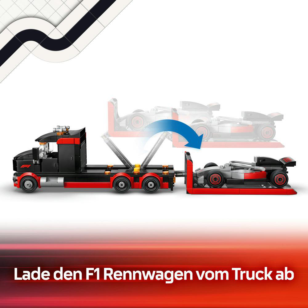 Ein roter und schwarzer Spielzeug-LKW mit einem Formel-1-Auto auf einem Anhänger.