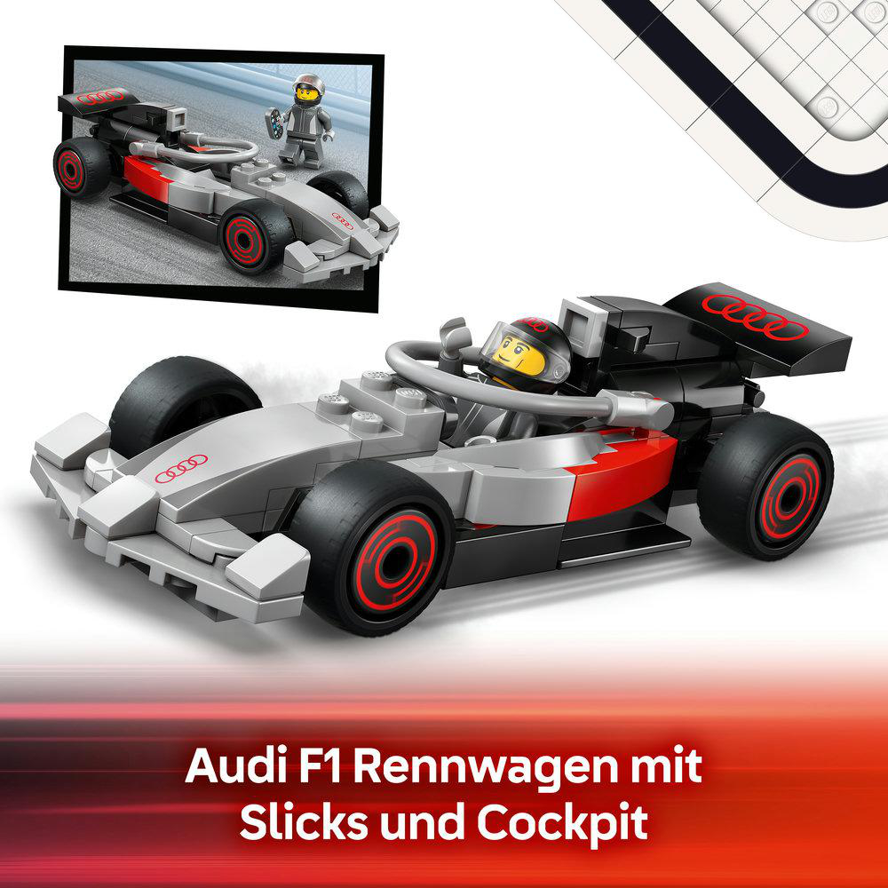 Grauer Lego Audi F1 Rennwagen mit rotem Akzent und Fahrerfigur.