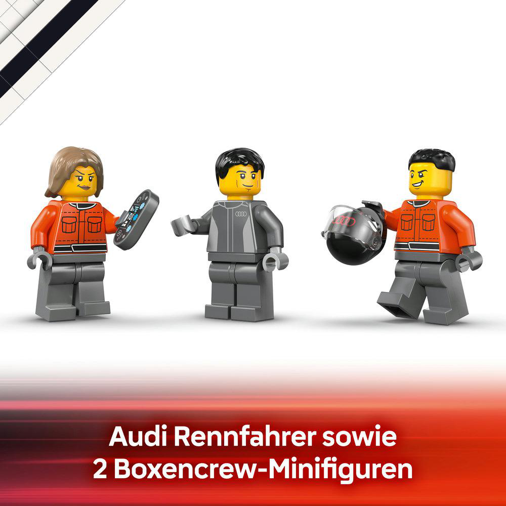 Drei Lego-Minifiguren: ein Rennfahrer und zwei Boxencrewmitglieder.