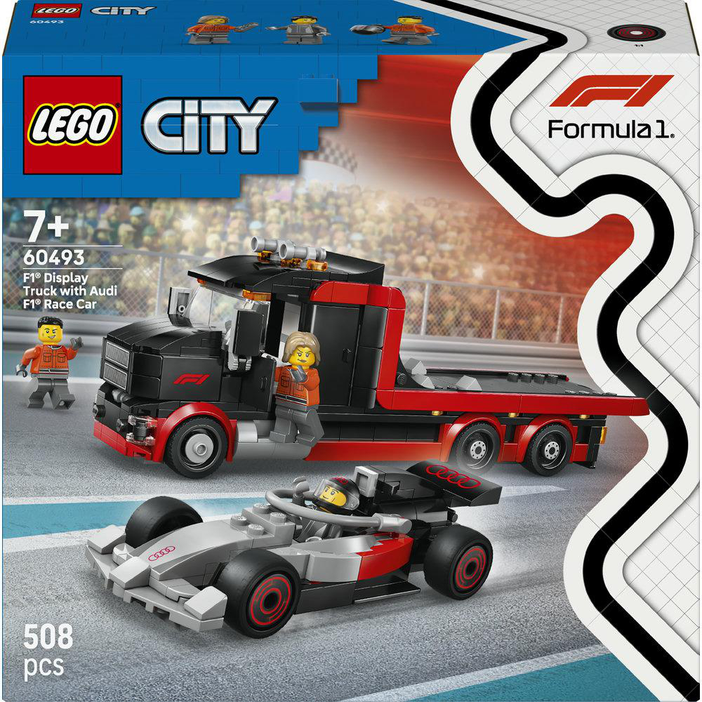 Lego City F1 Display Truck mit Audi F1 Rennwagen und zwei Minifiguren.