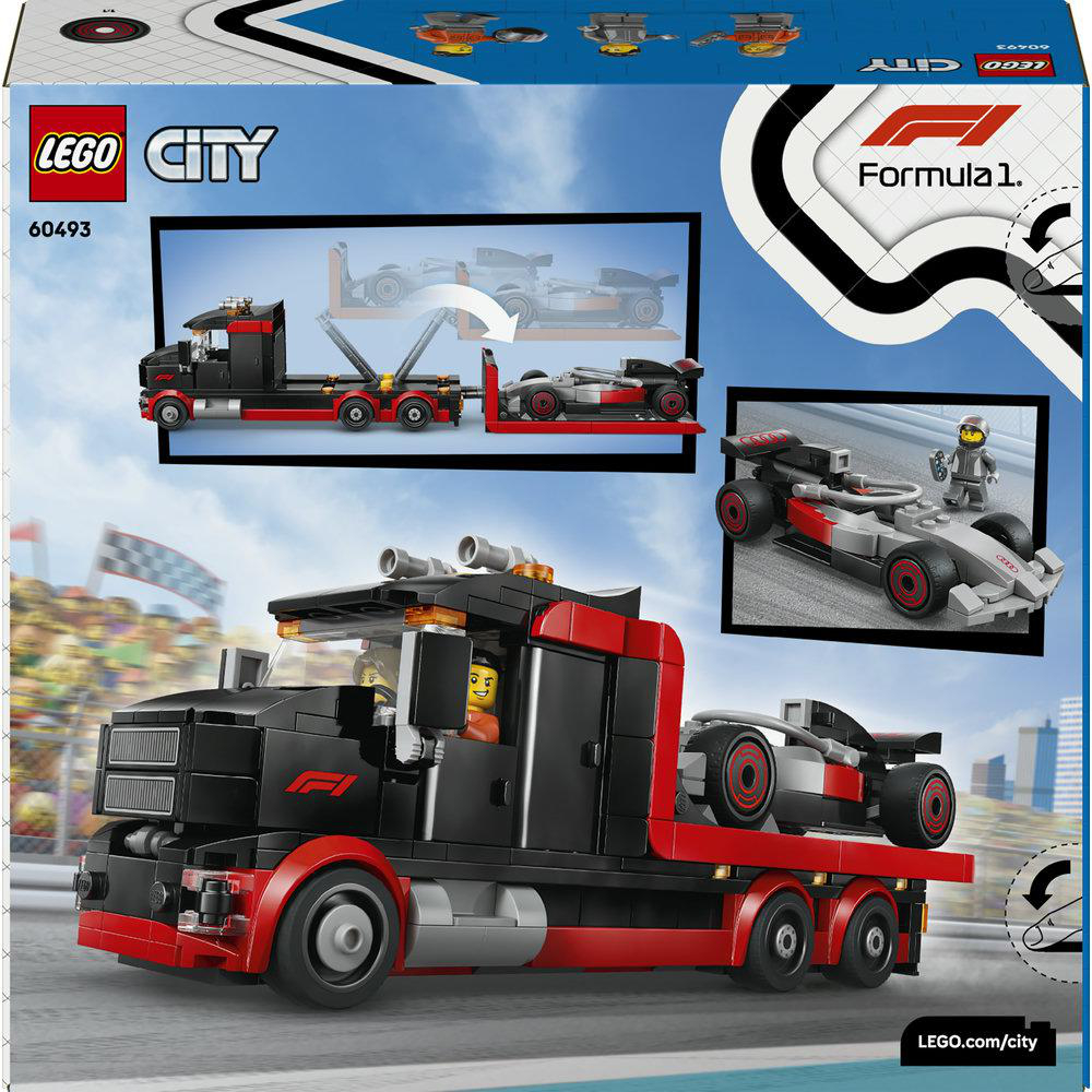 LEGO City Transporter mit Formel-1-Auto und Fahrerfiguren.