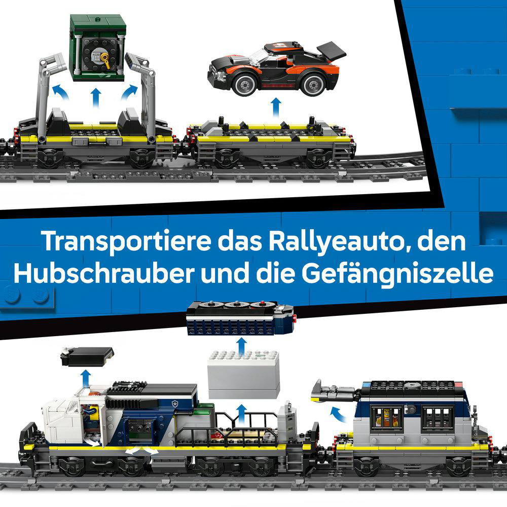 Züge mit Gefängniszelle, Rallyeauto und Hubschrauber.