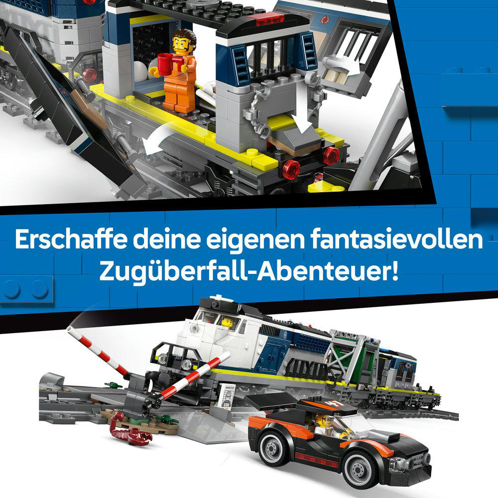 Lego Zug mit Auto und Figuren. Ein Mann in orange steht auf dem Zug.