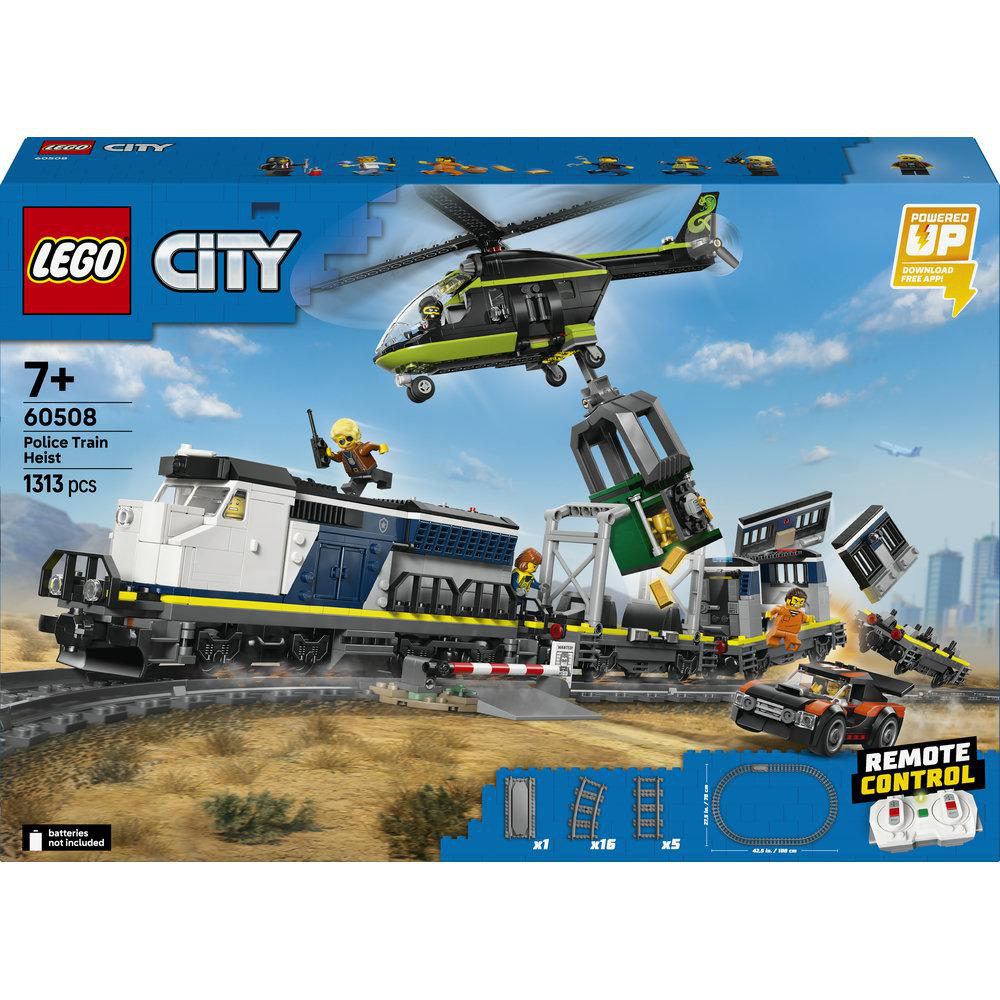 LEGO City Polizei-Zug-Raub mit Hubschrauber, Zug und Auto.