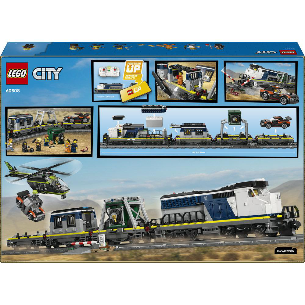 Lego City Güterzug mit blau-weißer Lok, Waggons, Hubschrauber und Auto.