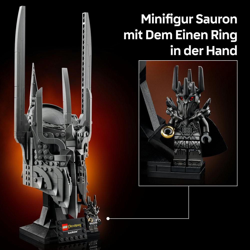 Lego Sauron Helm und Minifigur mit dem Einen Ring.