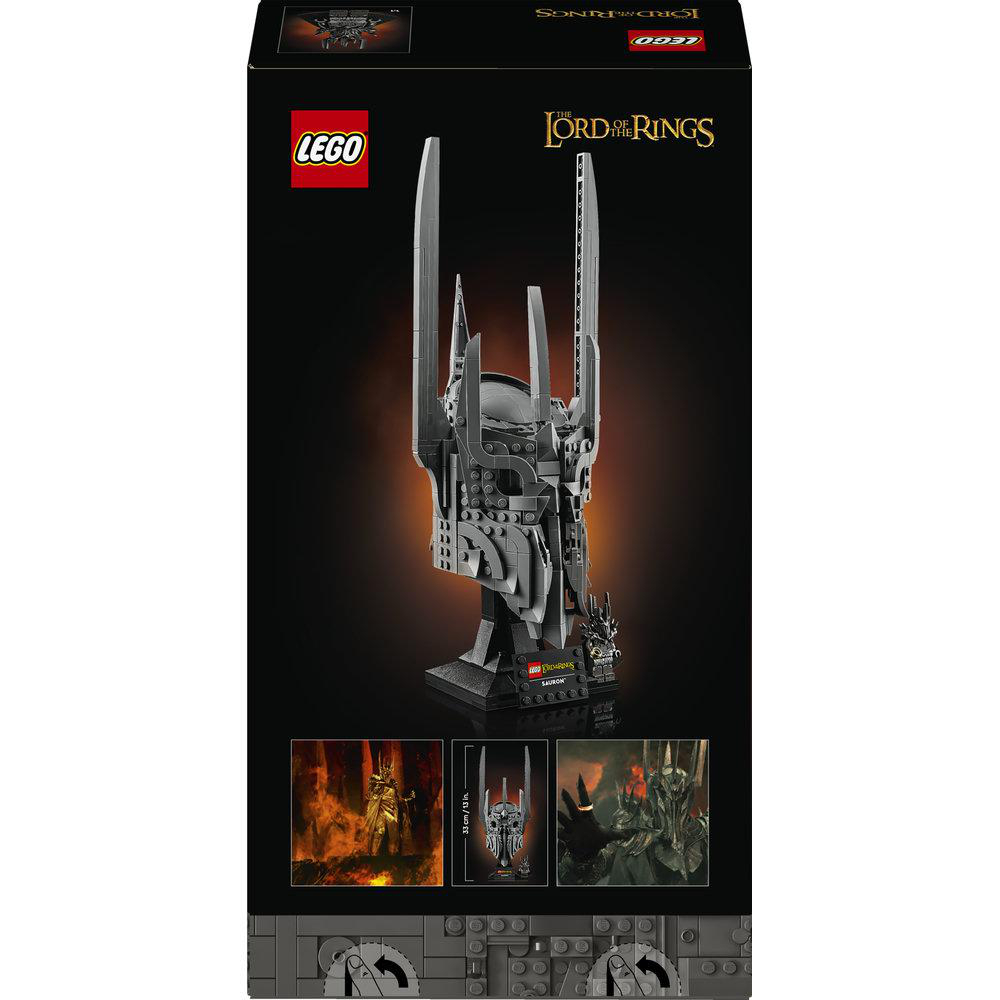 LEGO Herr der Ringe Sauron Helm-Bausatz auf schwarzem Karton mit Bildern.