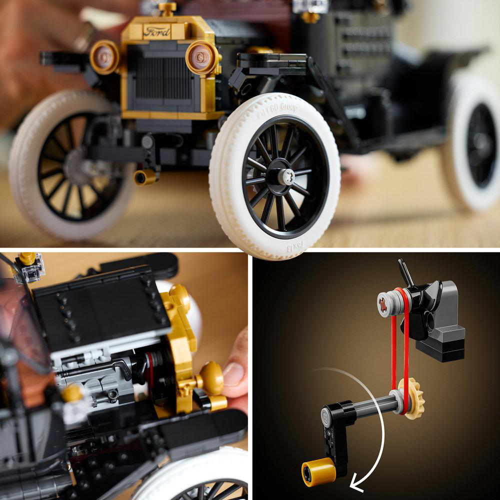Ein Lego-Modell eines Oldtimer-Autos mit drei Ansichten: von vorne, von der Seite und ein Detailmechanismus.