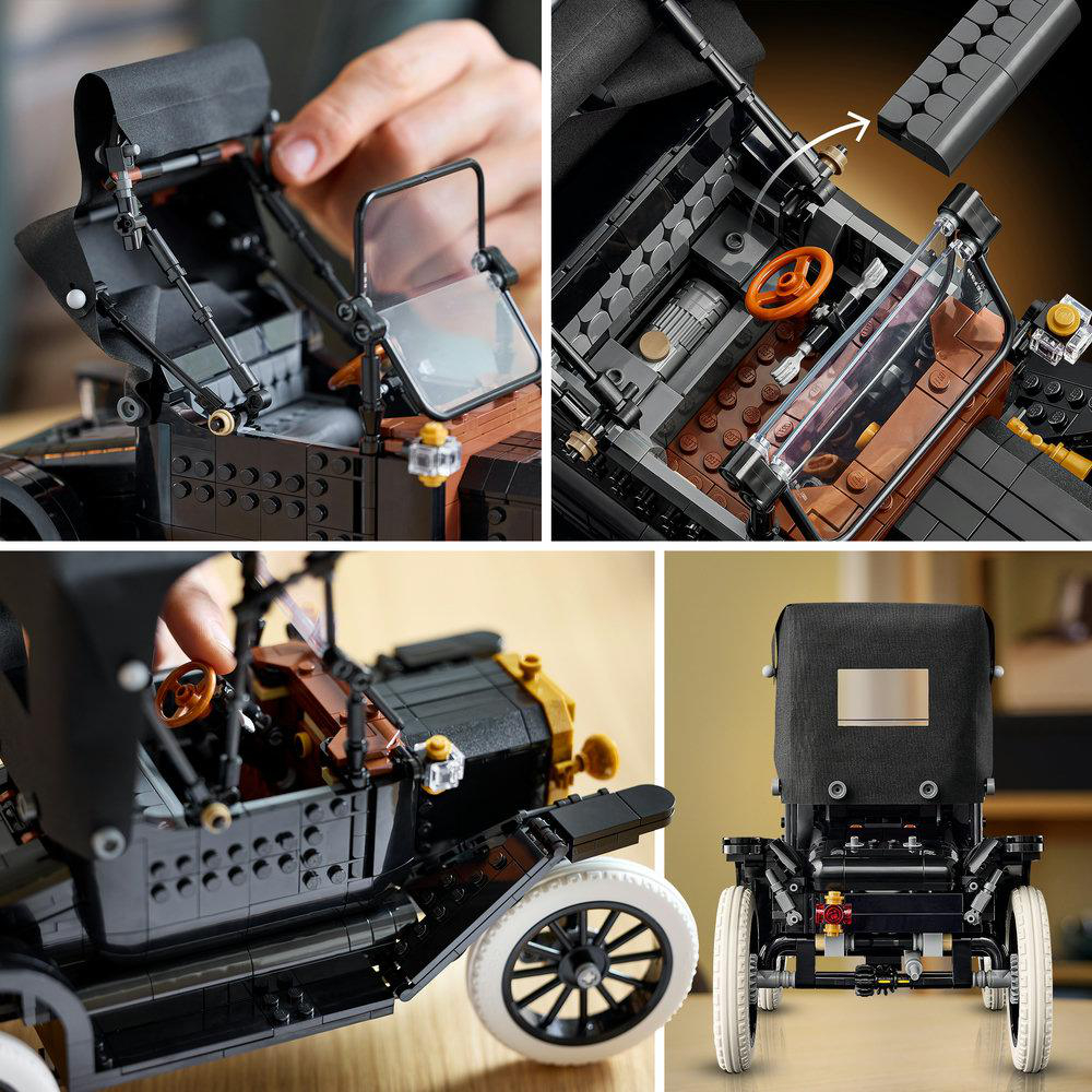 Ein schwarzes LEGO-Automodell mit braunen Akzenten, von vorne und von der Seite.