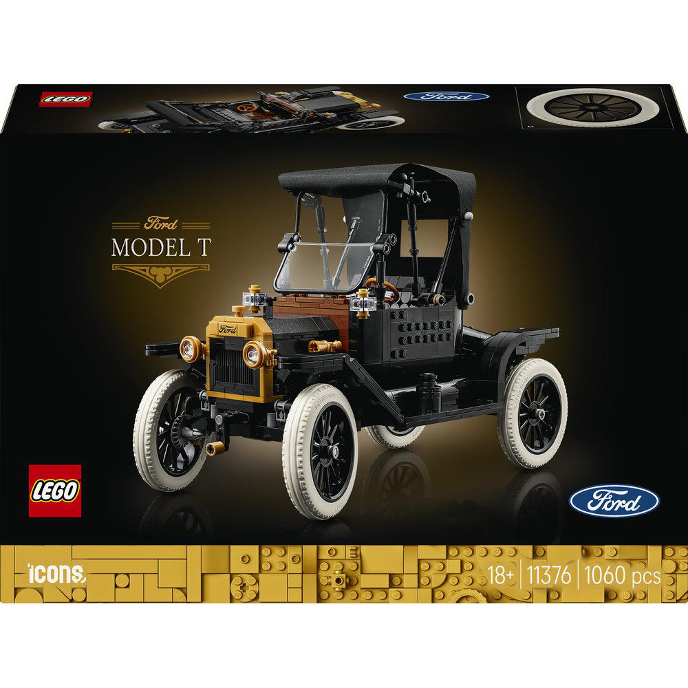 LEGO Ford Modell T mit 1060 Teilen. Schwarz, Gold, Weiß. Klassisches Auto.