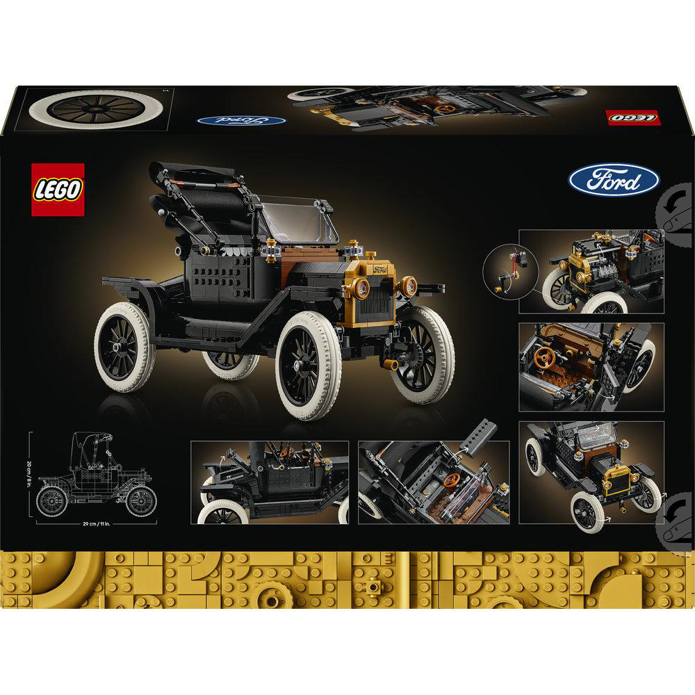 Ein Lego-Modell eines schwarzen und braunen Oldtimers mit weißen Felgen, neben Ford- und Lego-Logos.