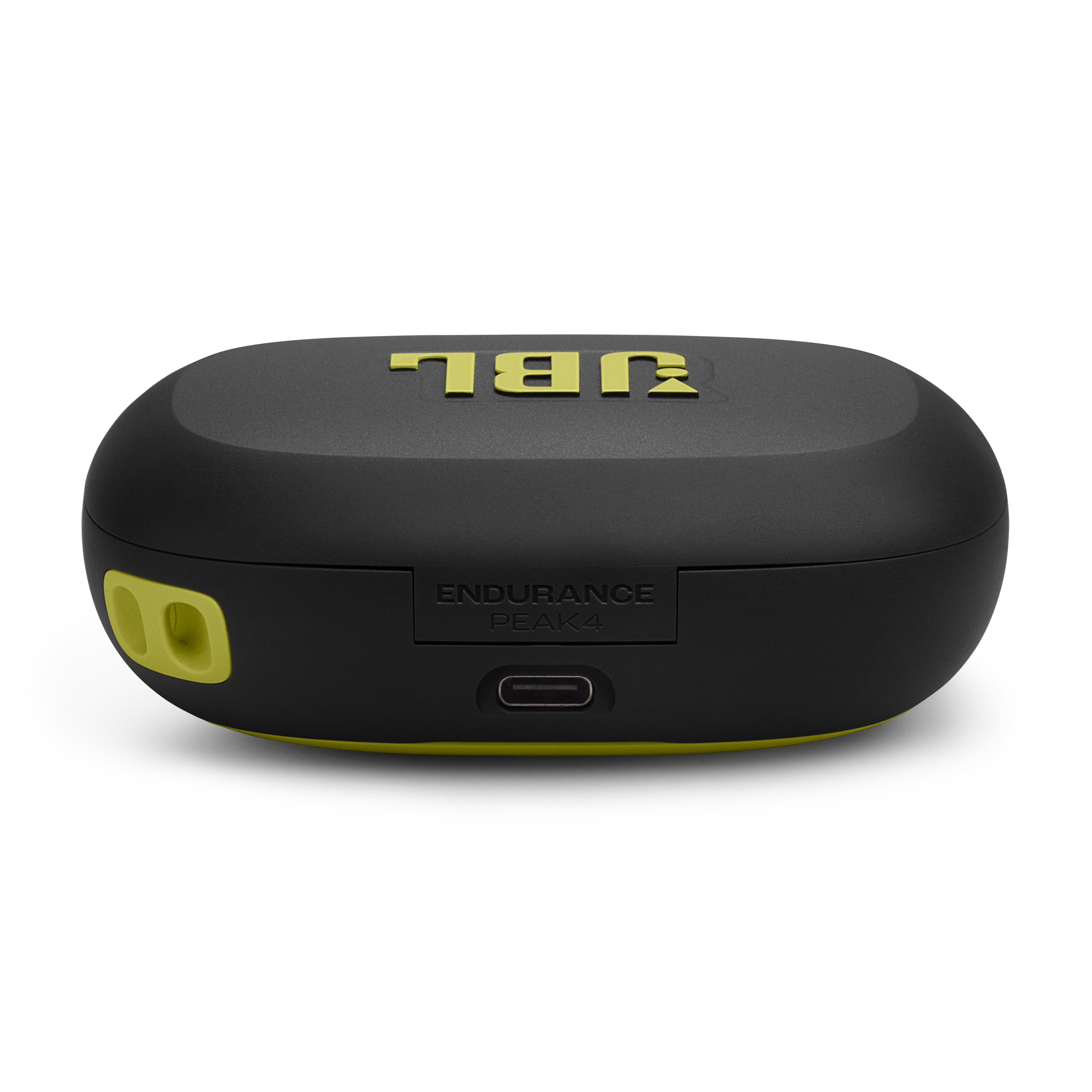 Schwarzes JBL Ladeetui mit gelbem Logo und USB-C-Anschluss.