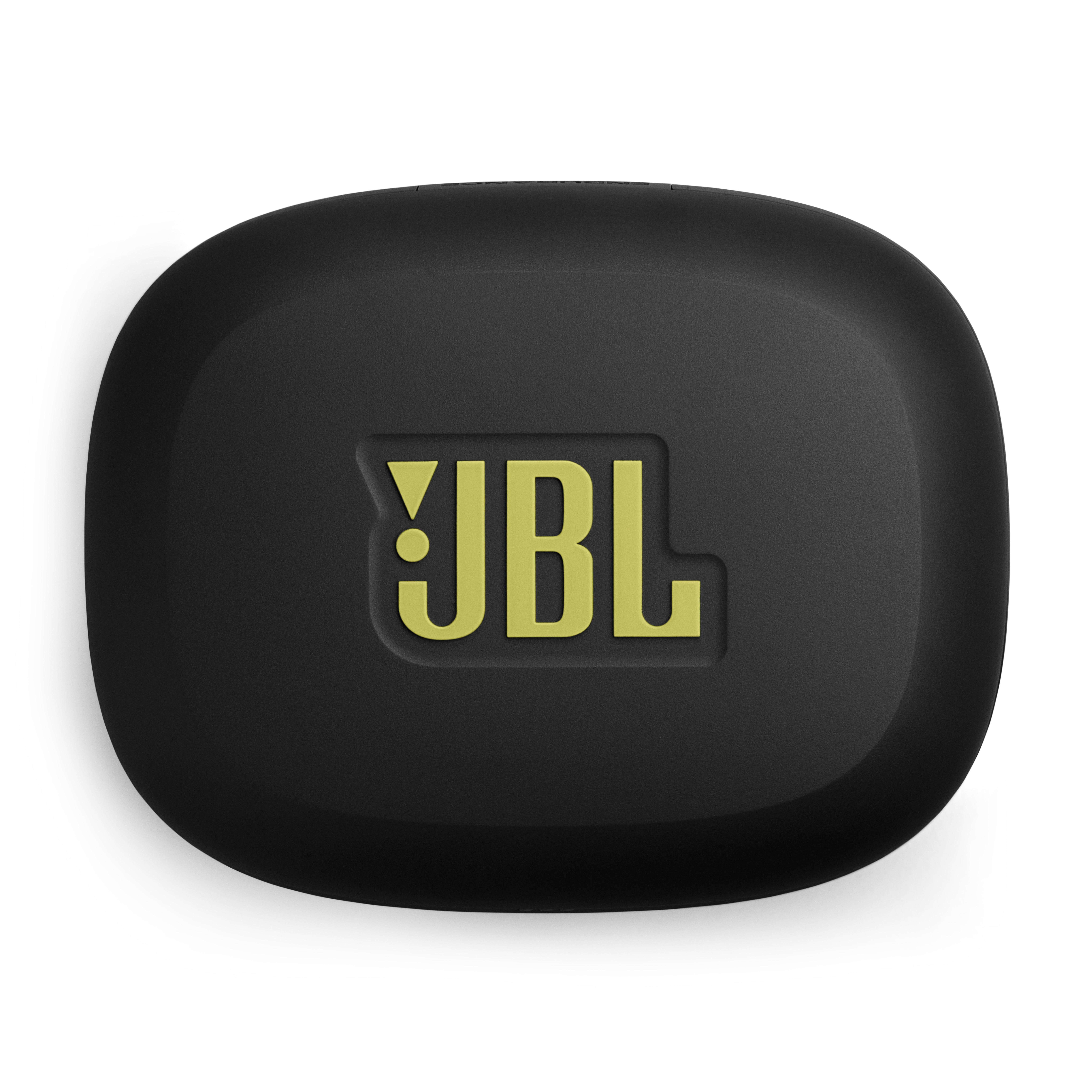 Schwarzes JBL Ladeetui mit gelbem Logo, auf weißem Hintergrund.