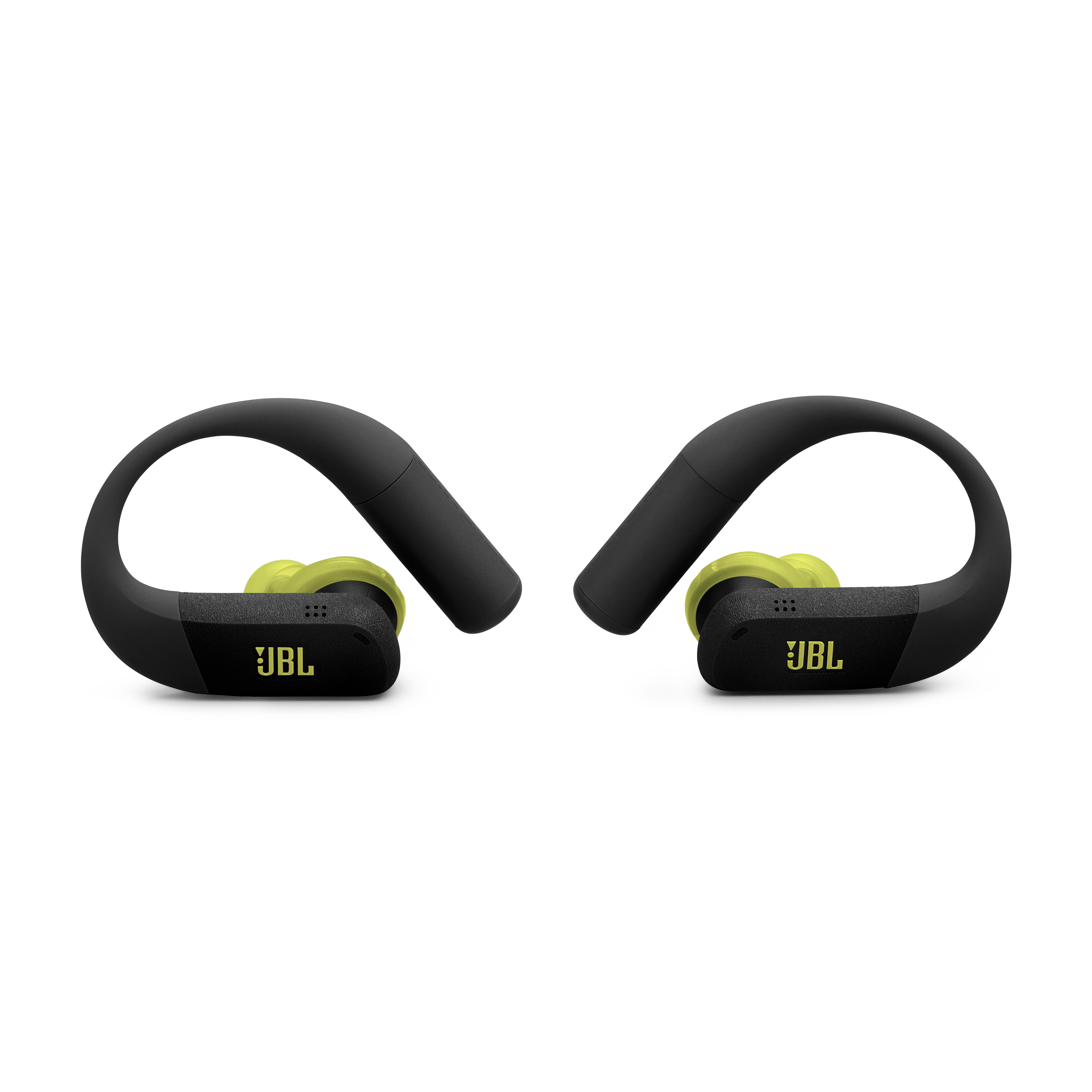 Schwarze JBL-Kopfhörer mit neongrünen Akzenten auf weißem Hintergrund.