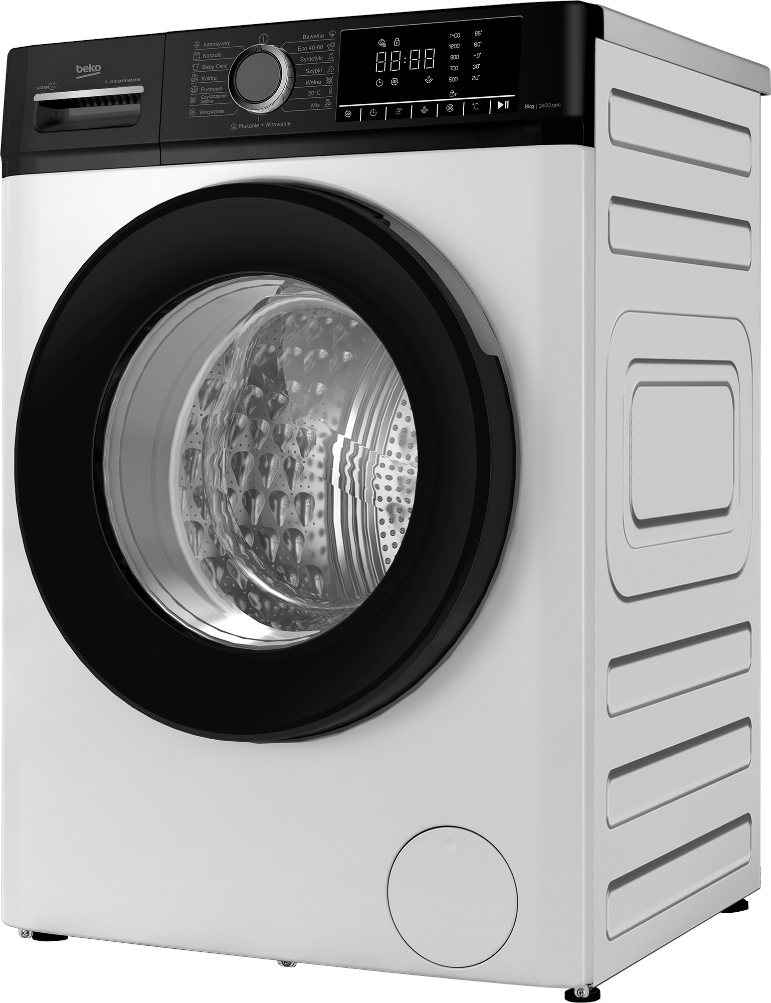 Biała pralka Beko z czarnym iluminatorem i panelem sterowania.