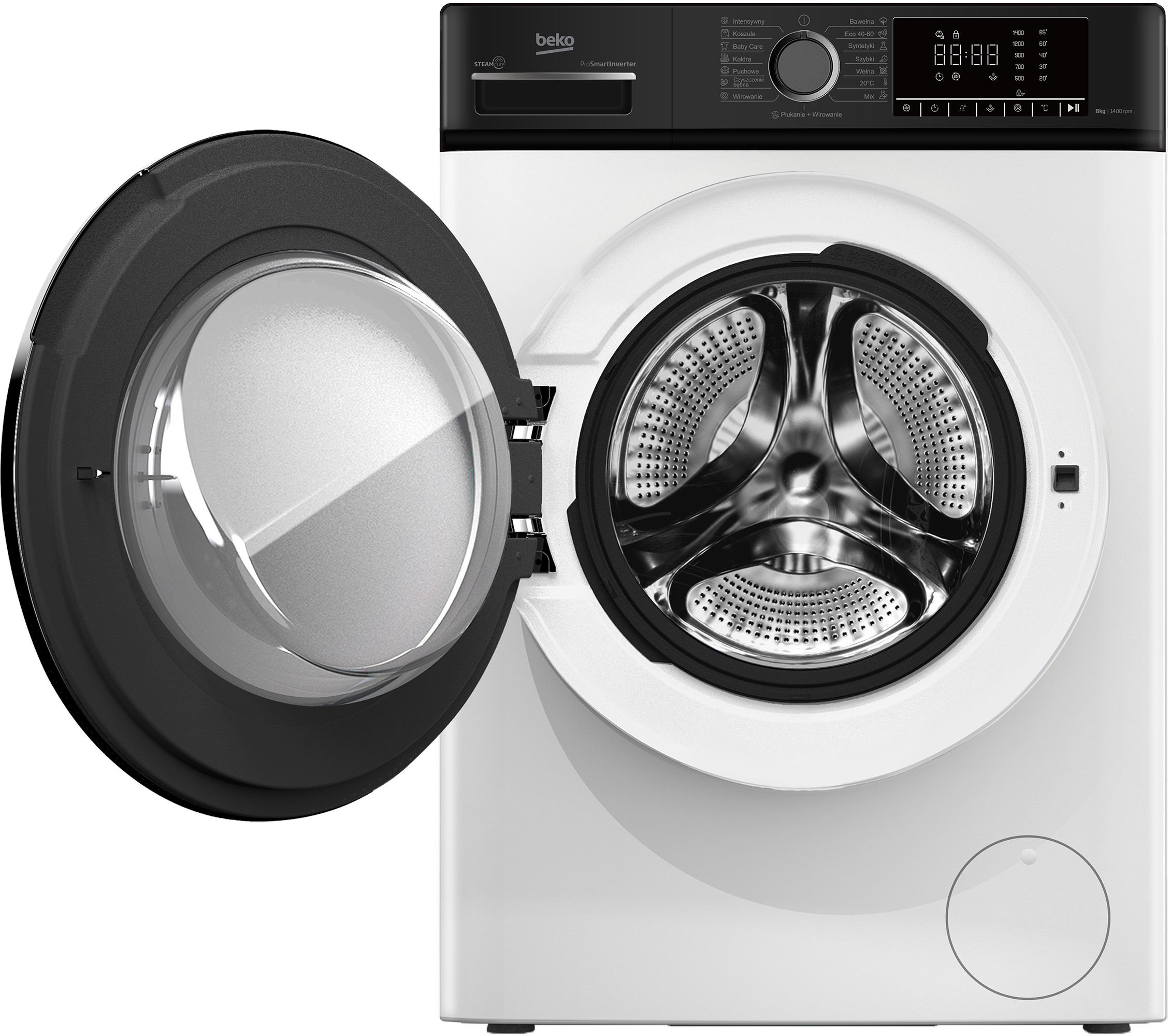 Biała pralka Beko z otwartymi drzwiami, widoczny bęben.