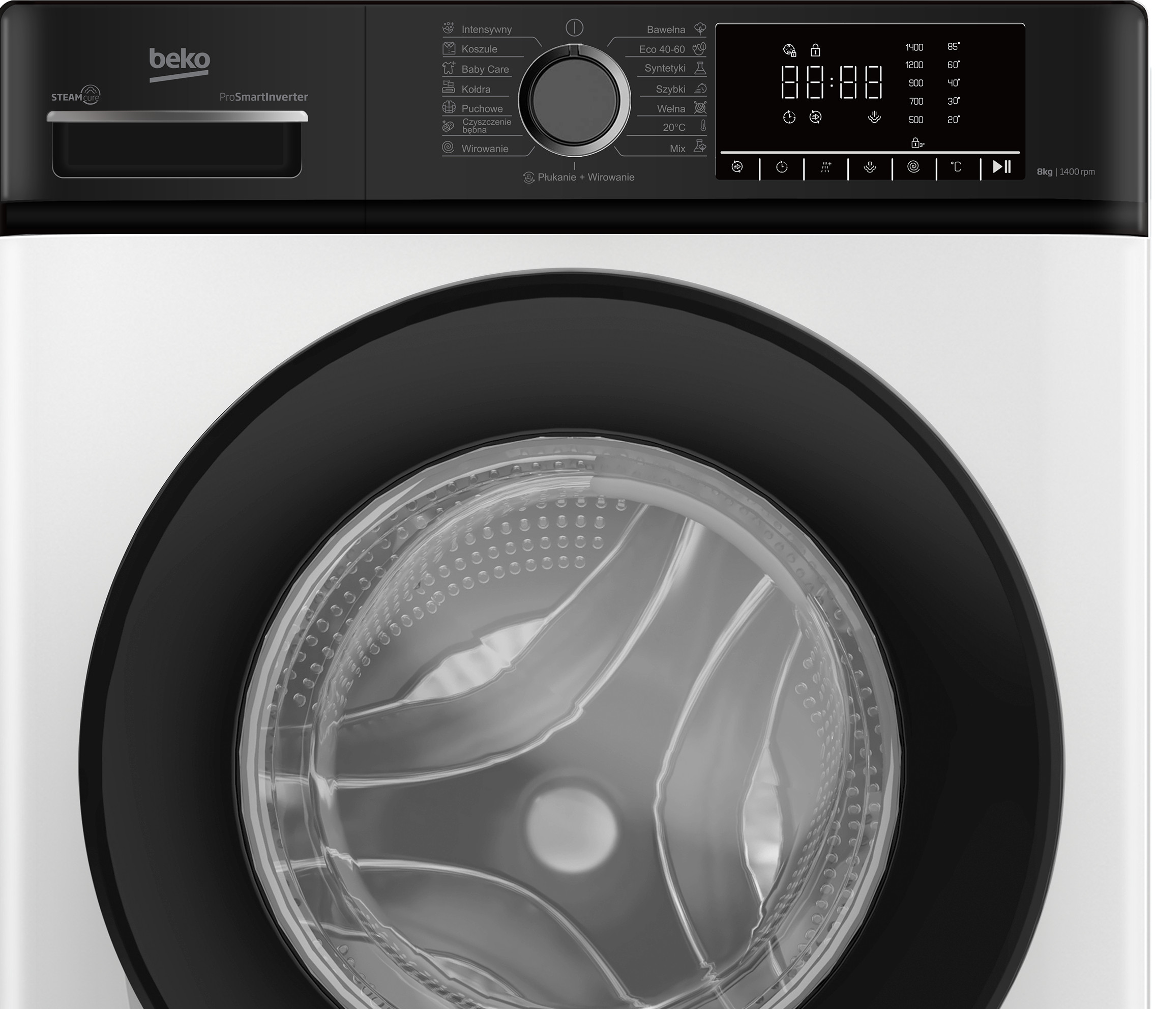Biała pralka Beko z czarnymi drzwiami i panelem sterowania.