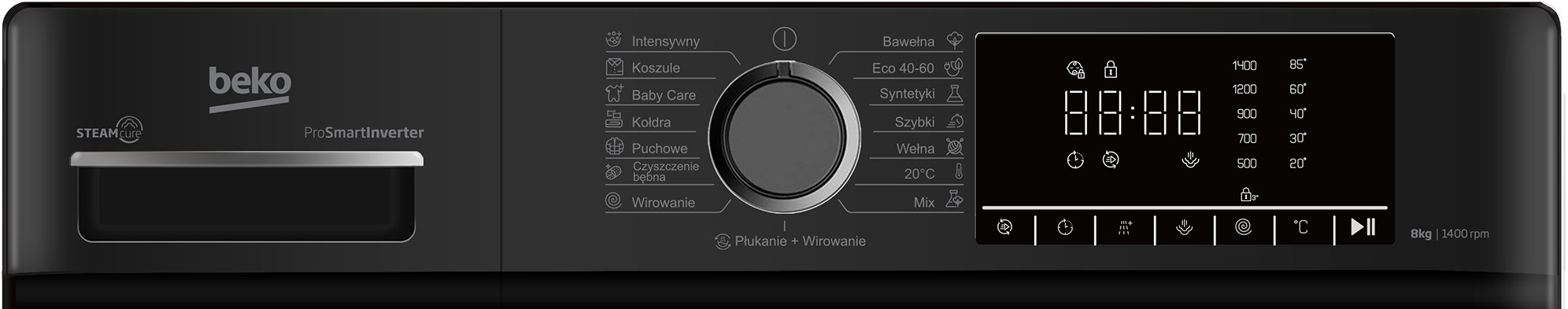 Panel sterowania czarnej pralki z cyfrowym wyświetlaczem i wyborem programów.