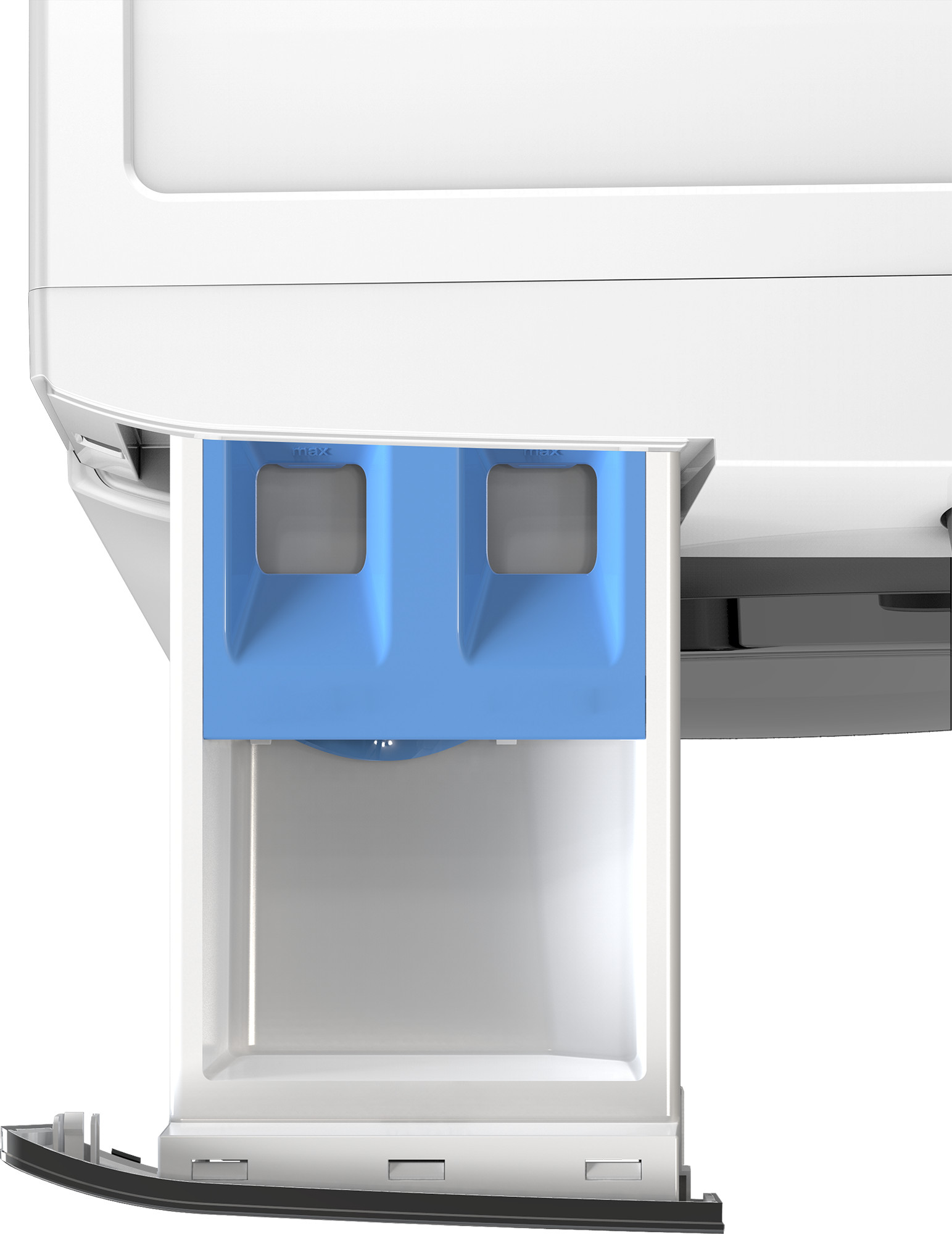 Wysuwana szuflada na detergenty z dwoma przegrodami i wskaźnikami poziomu.