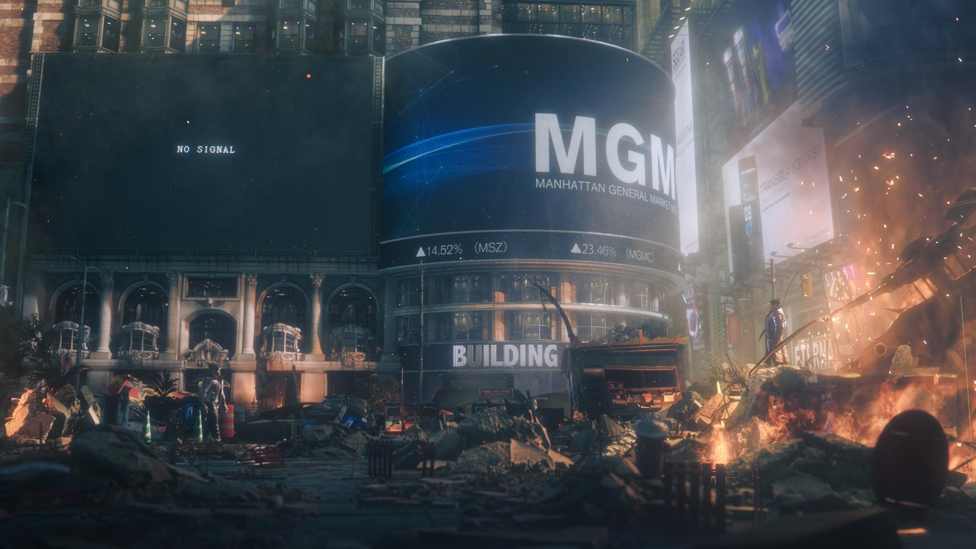 Zerstörte Stadt mit MGM-Gebäude, "NO SIGNAL" und Feuer.