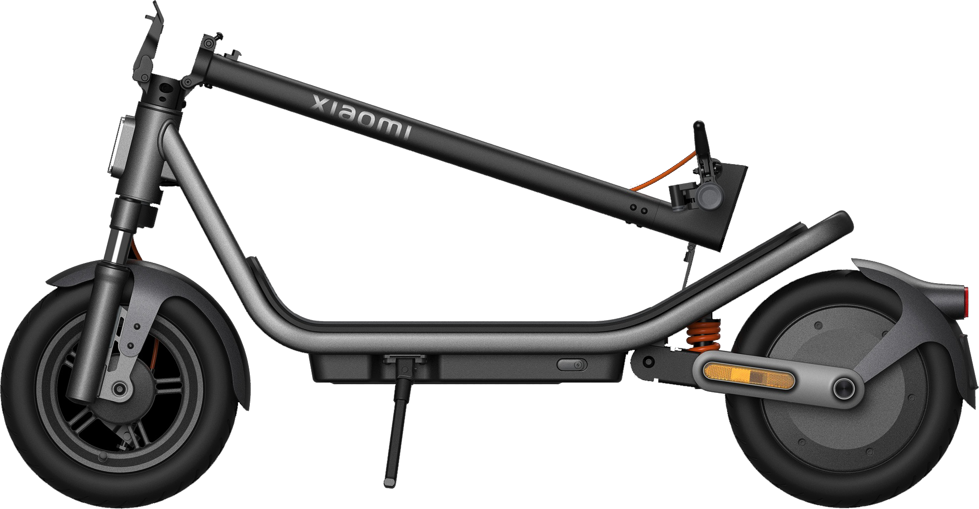 Szürke Xiaomi elektromos roller fekete kormánnyal és narancssárga díszítéssel.