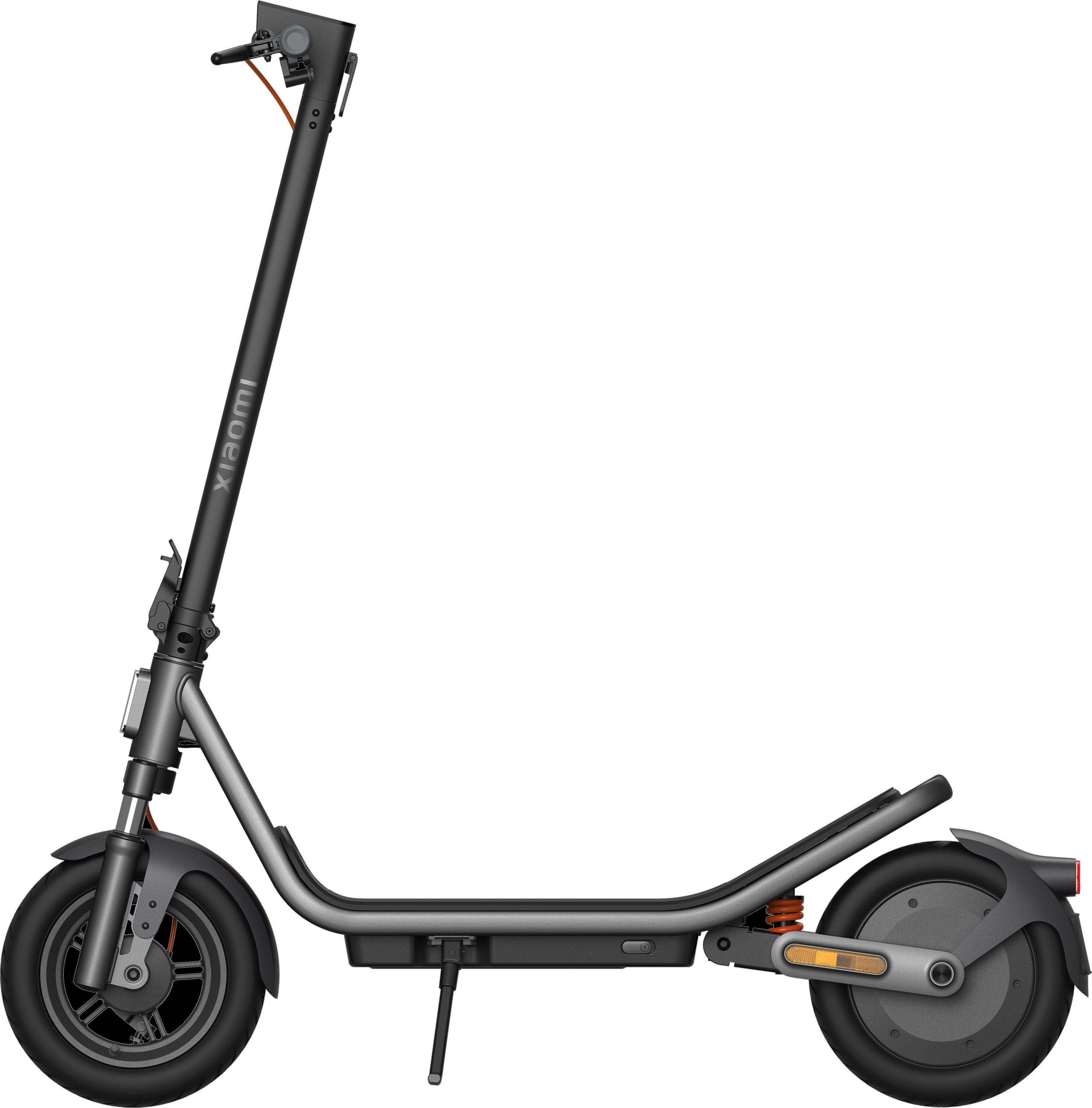 Egy szürke Xiaomi elektromos roller fekete kormánnyal és reflektorokkal.