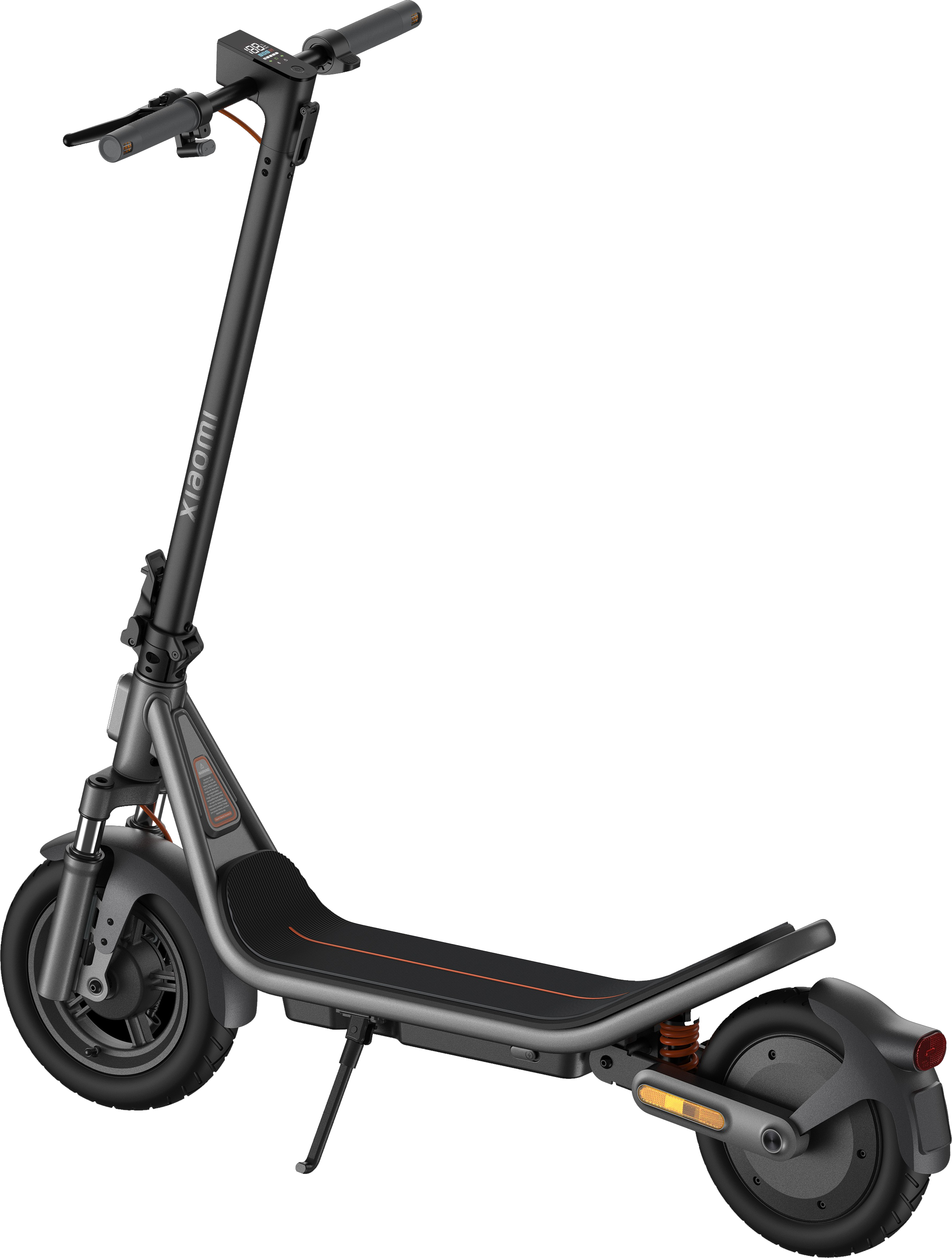 Szürke Xiaomi elektromos roller fekete fellépővel és narancssárga díszítéssel.