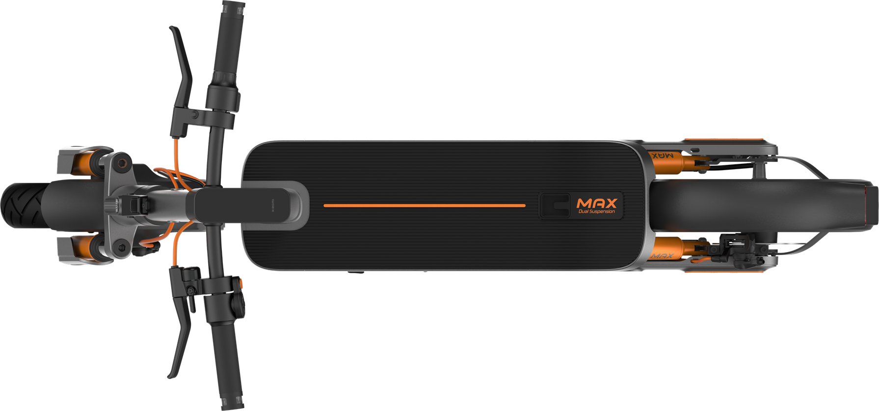 Fekete elektromos roller felülnézetben, narancssárga díszítéssel és "MAX Dual Suspension" felirattal.