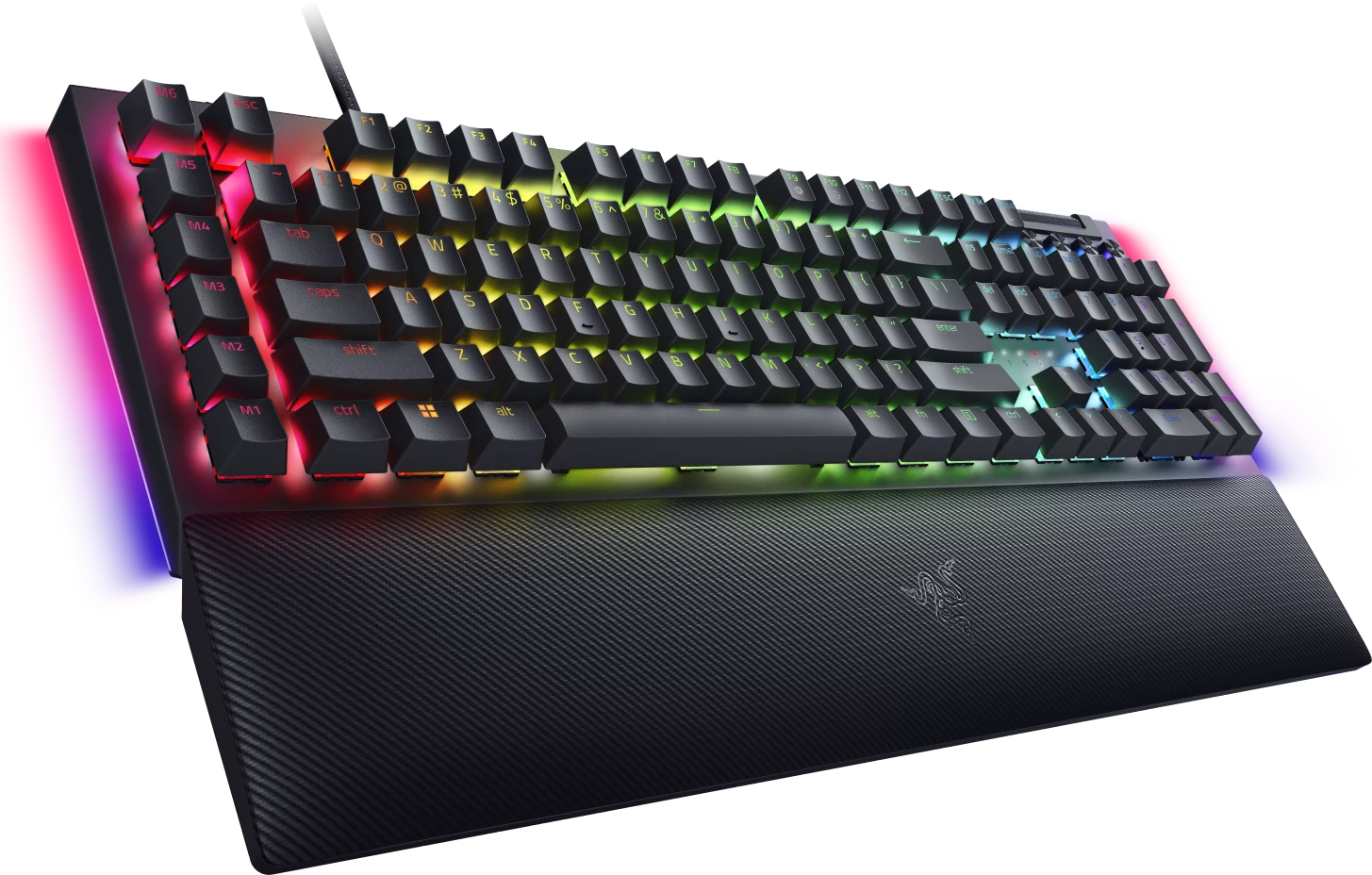 Fekete billentyűzet RGB világítással és karbon szálas csuklótámasszal.