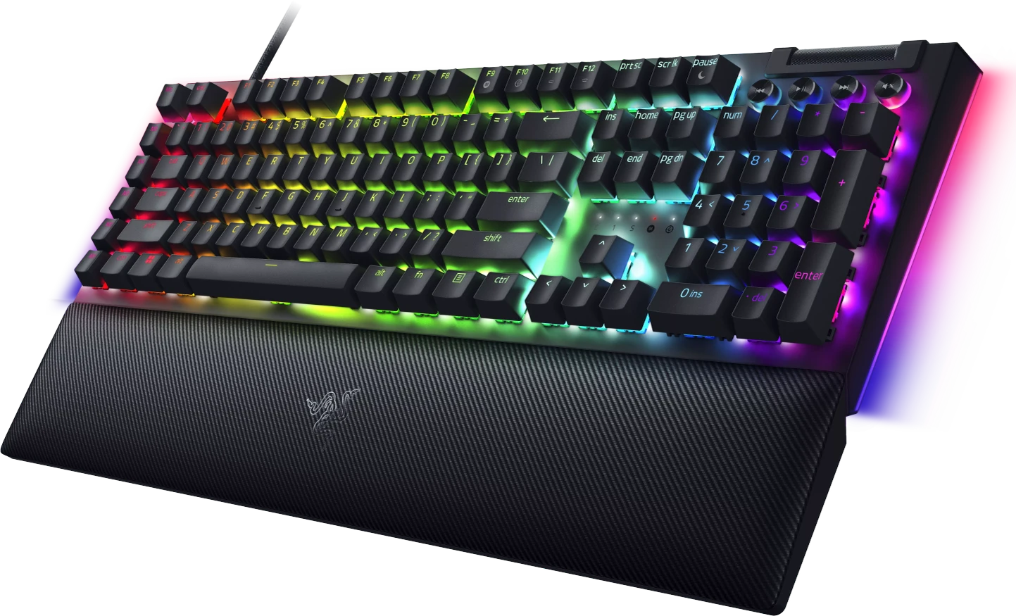 Fekete billentyűzet RGB világítással és szénszálas csuklótámasszal.