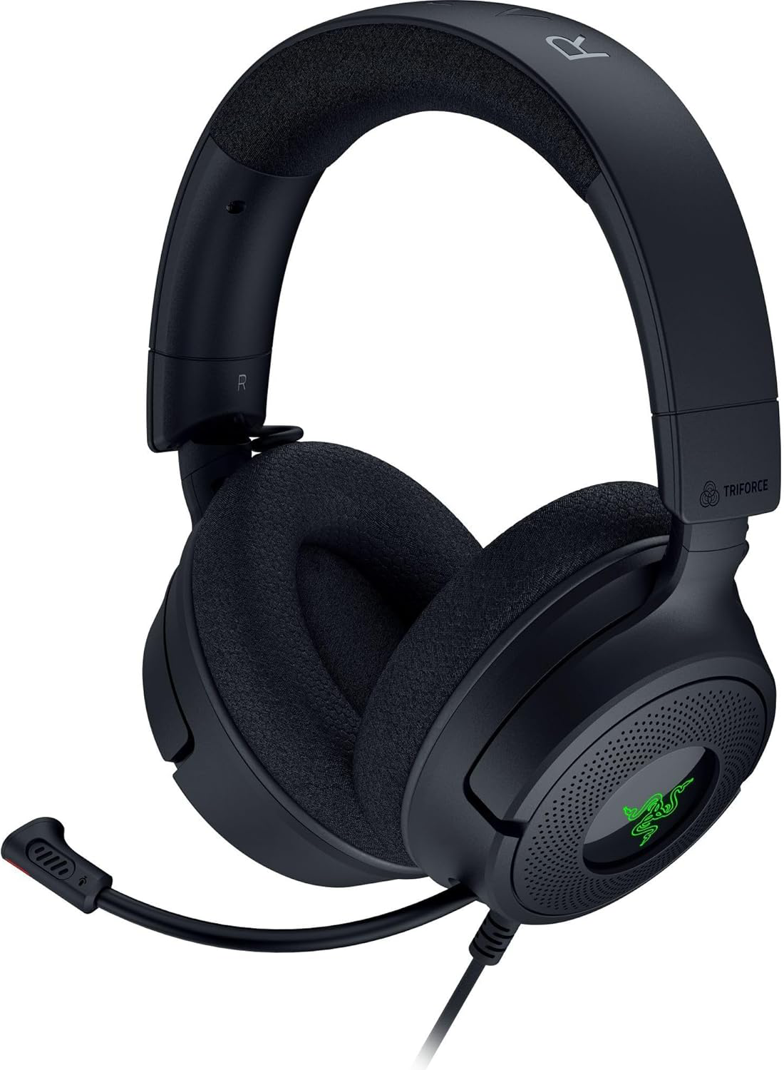 Fekete gamer fejhallgató mikrofonnal és zöld logóval fehér háttéren.