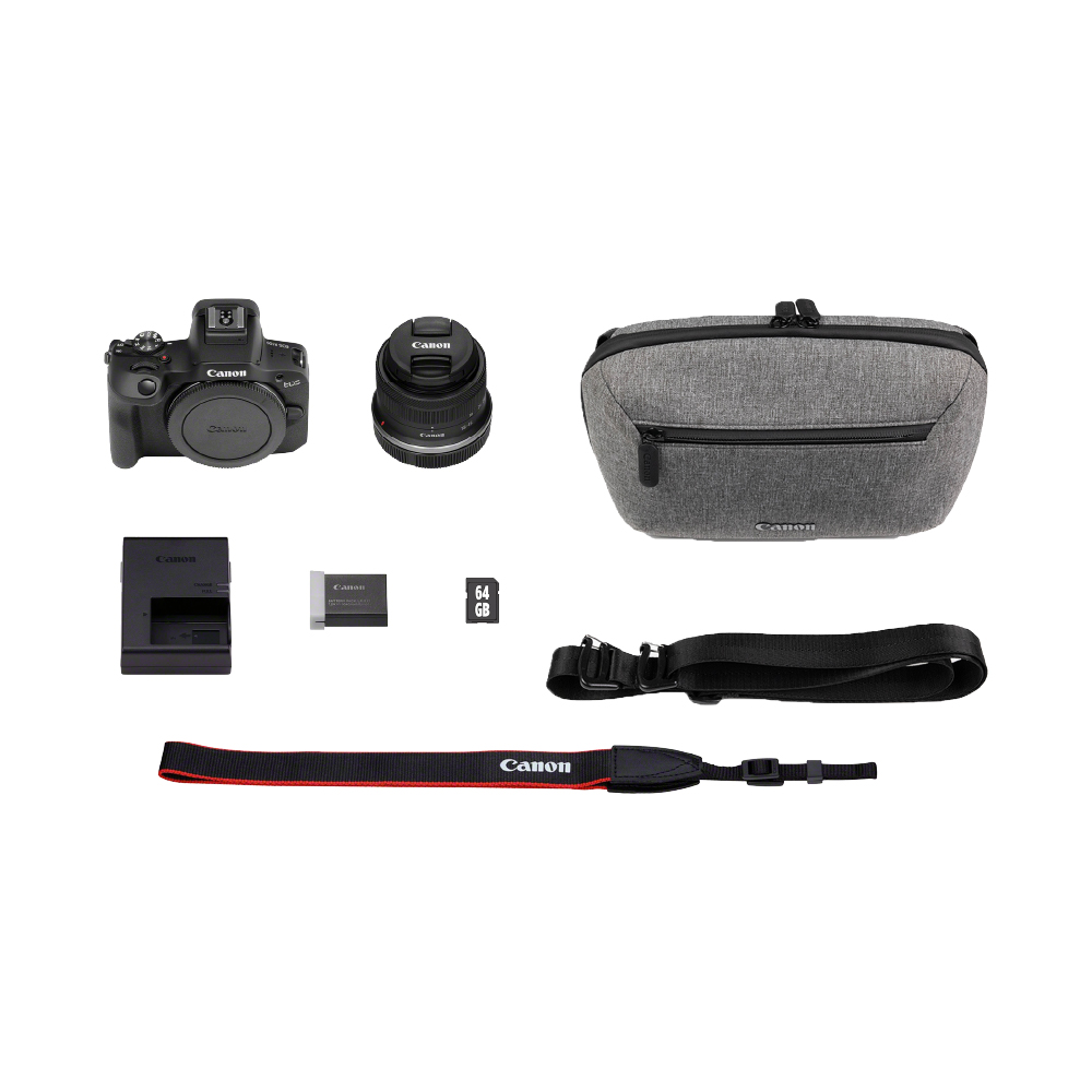 Canon kamera, lens, çanta, şarj cihazı, hafıza kartı ve askı.
