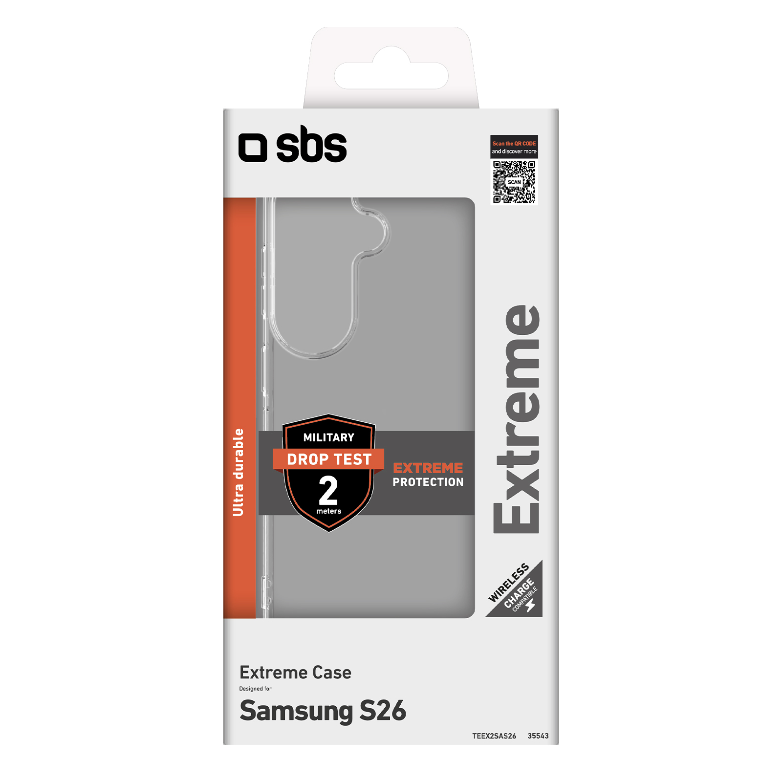 Verpackung für eine Samsung S26 Hülle mit 'Extreme Protection' und 'Drop Test 2 Meter'.