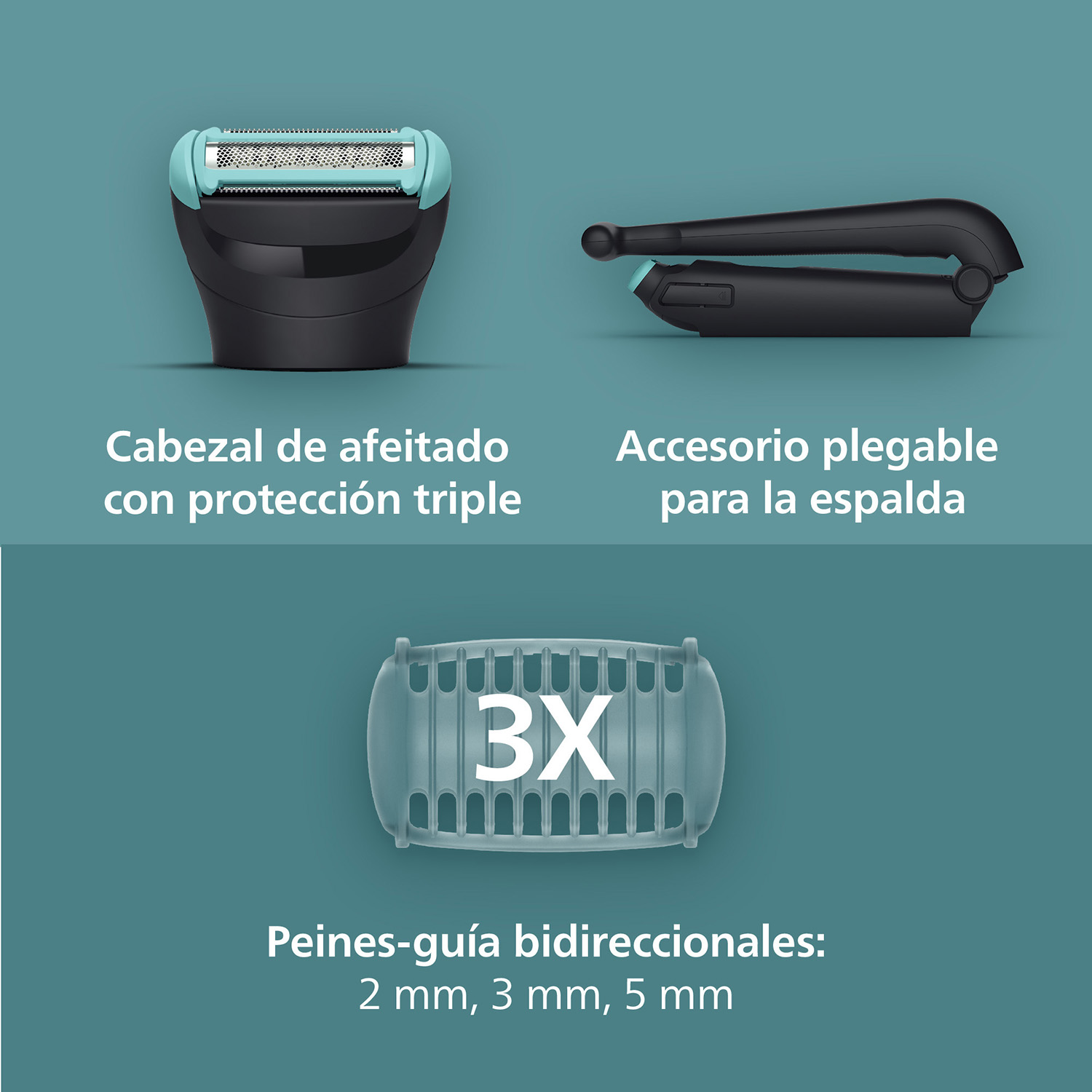 Cabezal de afeitado, accesorio plegable para espalda y guías 3X.