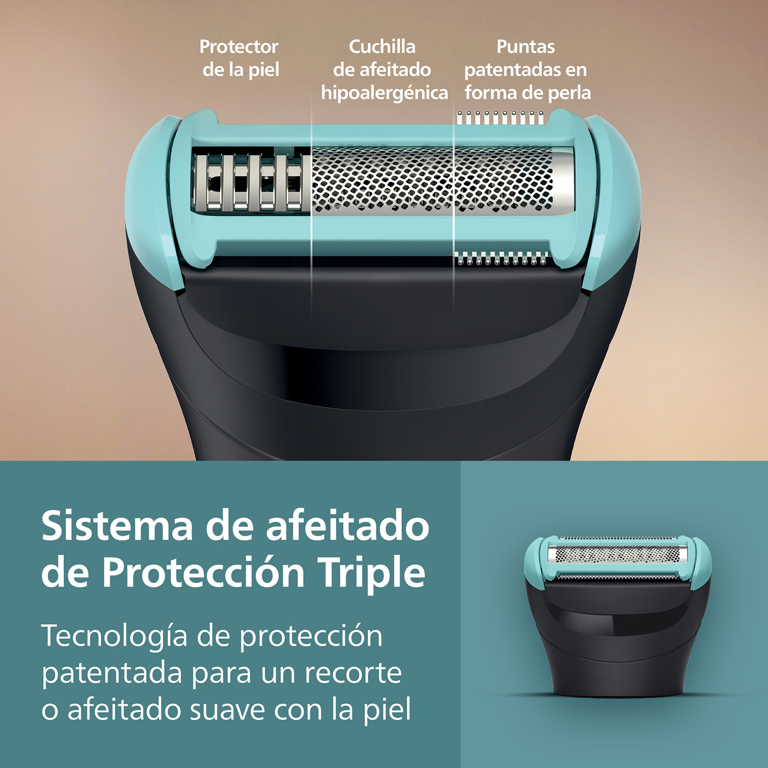 Primer plano de una afeitadora femenina con protector, cuchilla hipoalergénica y puntas.