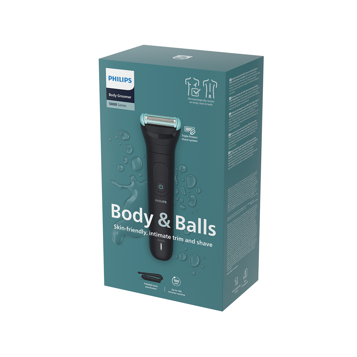 Caja Philips Body Groomer Serie 5000 con recortadora negra y detalles azules.