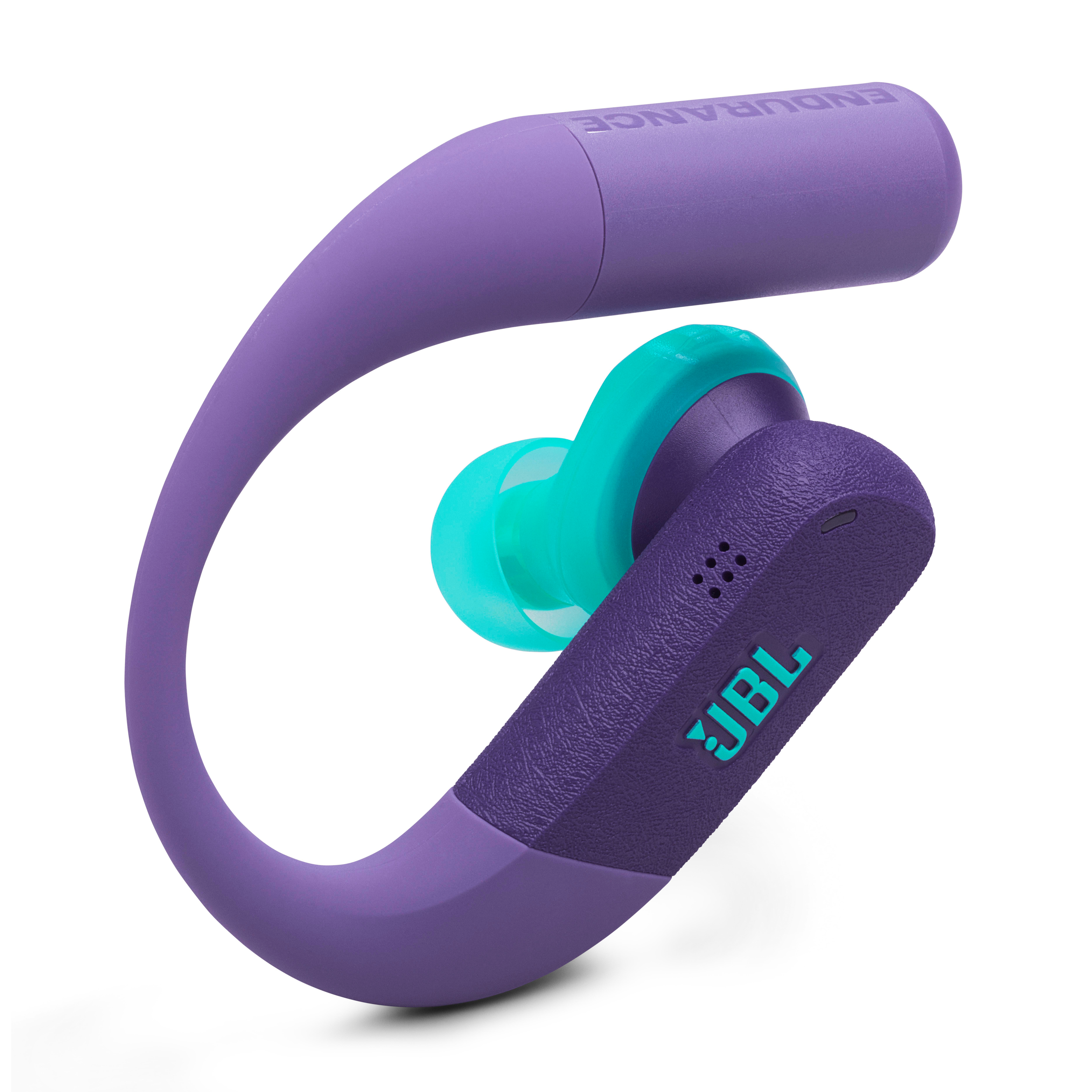 Lila und türkise JBL Kopfhörer mit Haken für das Ohr.