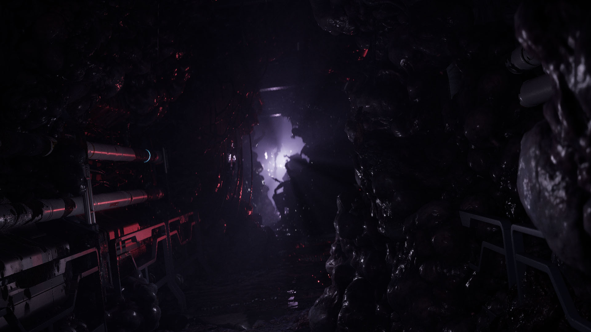 Mroczny, organiczny korytarz z rurami i światłem na końcu.