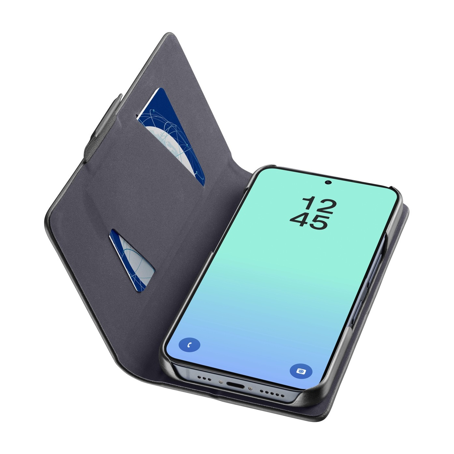 Custodia grigia per telefono con slot per carte e smartphone con display blu.