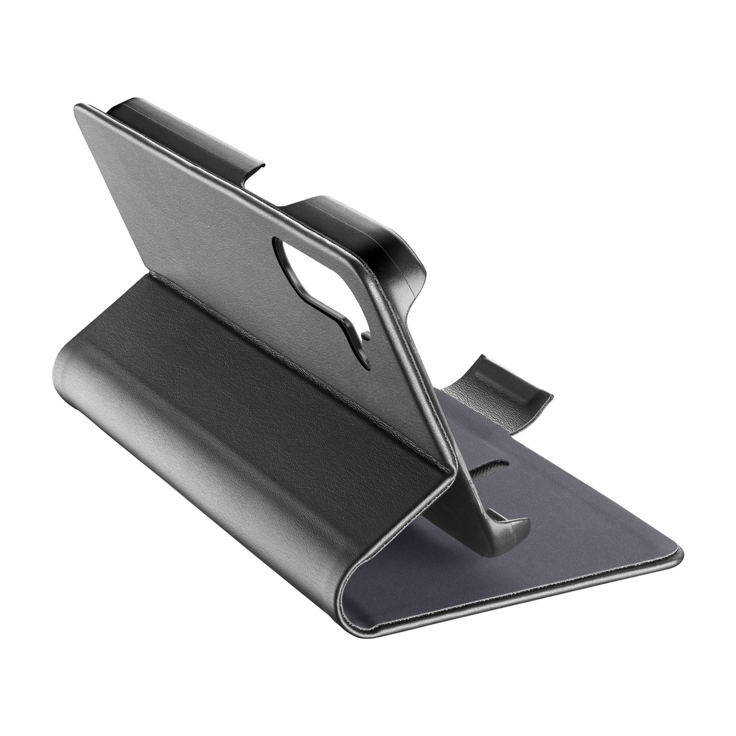 Custodia nera per smartphone con funzione stand su sfondo bianco.