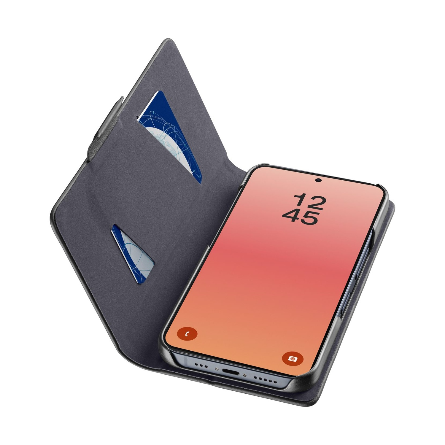 Custodia a libro grigia per telefono con slot per carte e smartphone.