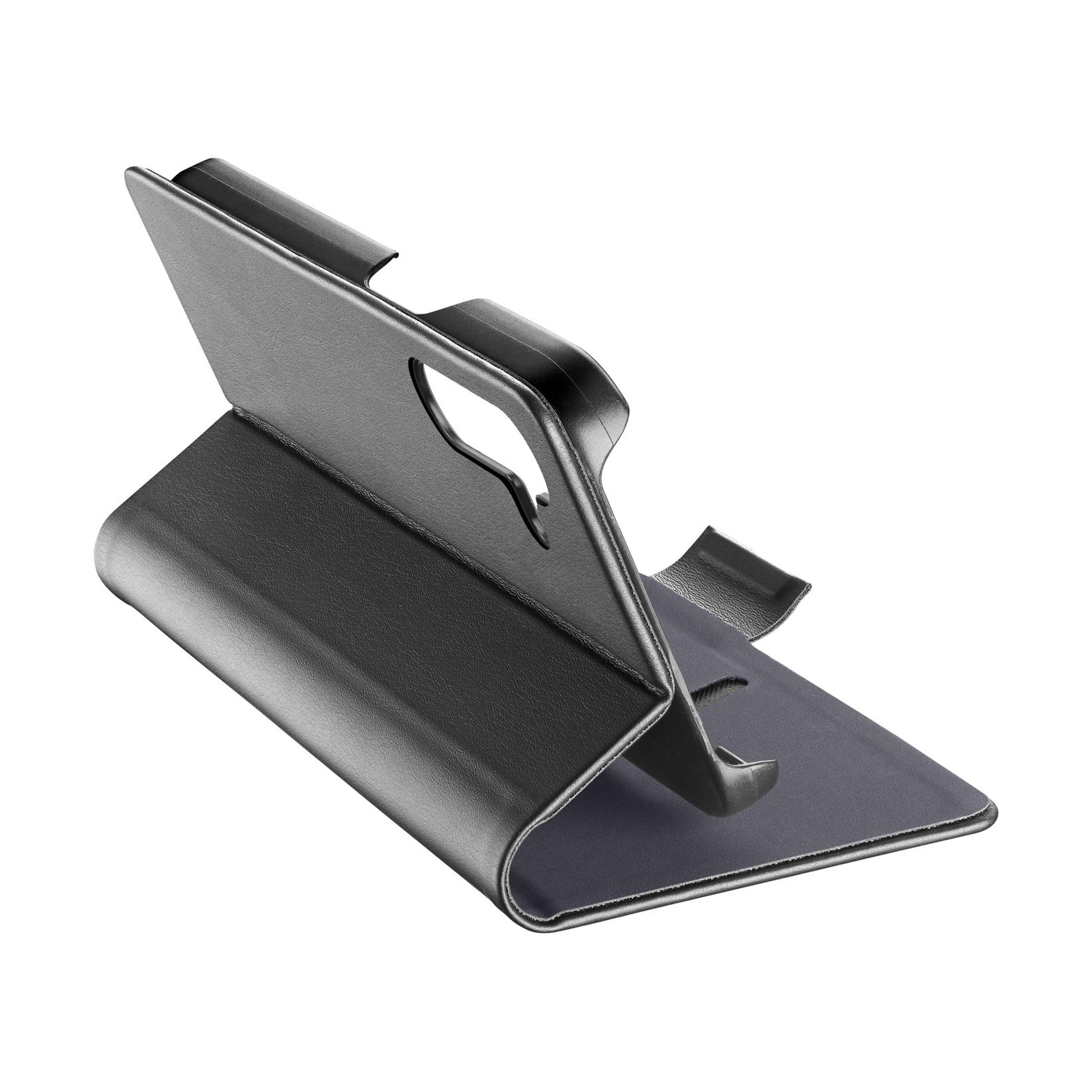 Una custodia a libro nera per smartphone in posizione verticale.