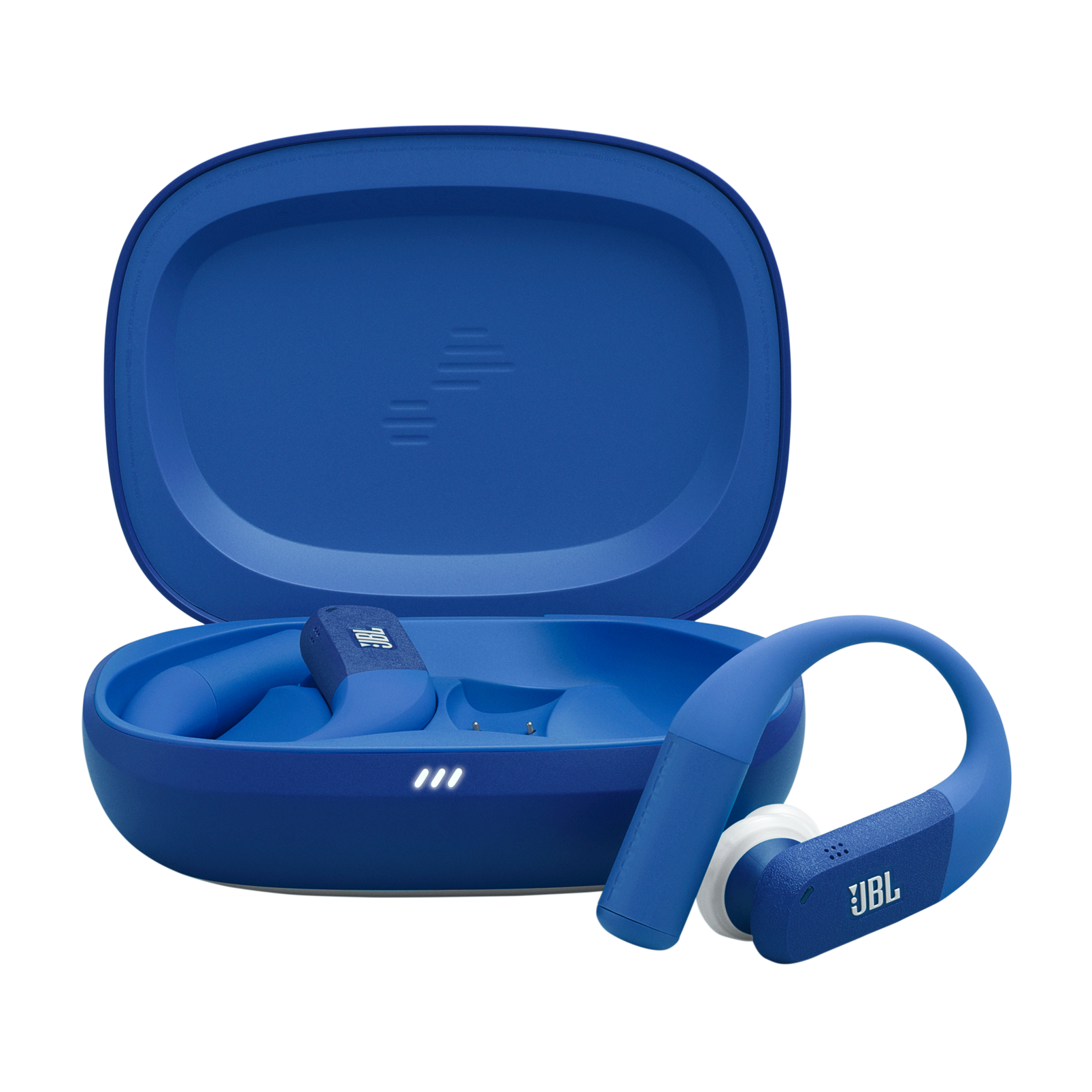 Blaue JBL Kopfhörer mit Ladecase. Ein Ohrhörer ist im Case, der andere liegt daneben.