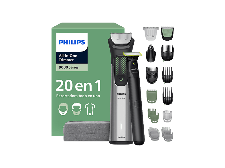 Afeitadora corporal - Philips MG9558/15, 20 Accesorios, 120 min Autonomía, Cara, Cabeza y Cuerpo, Peine-guía de precisión alta calidad, Gris