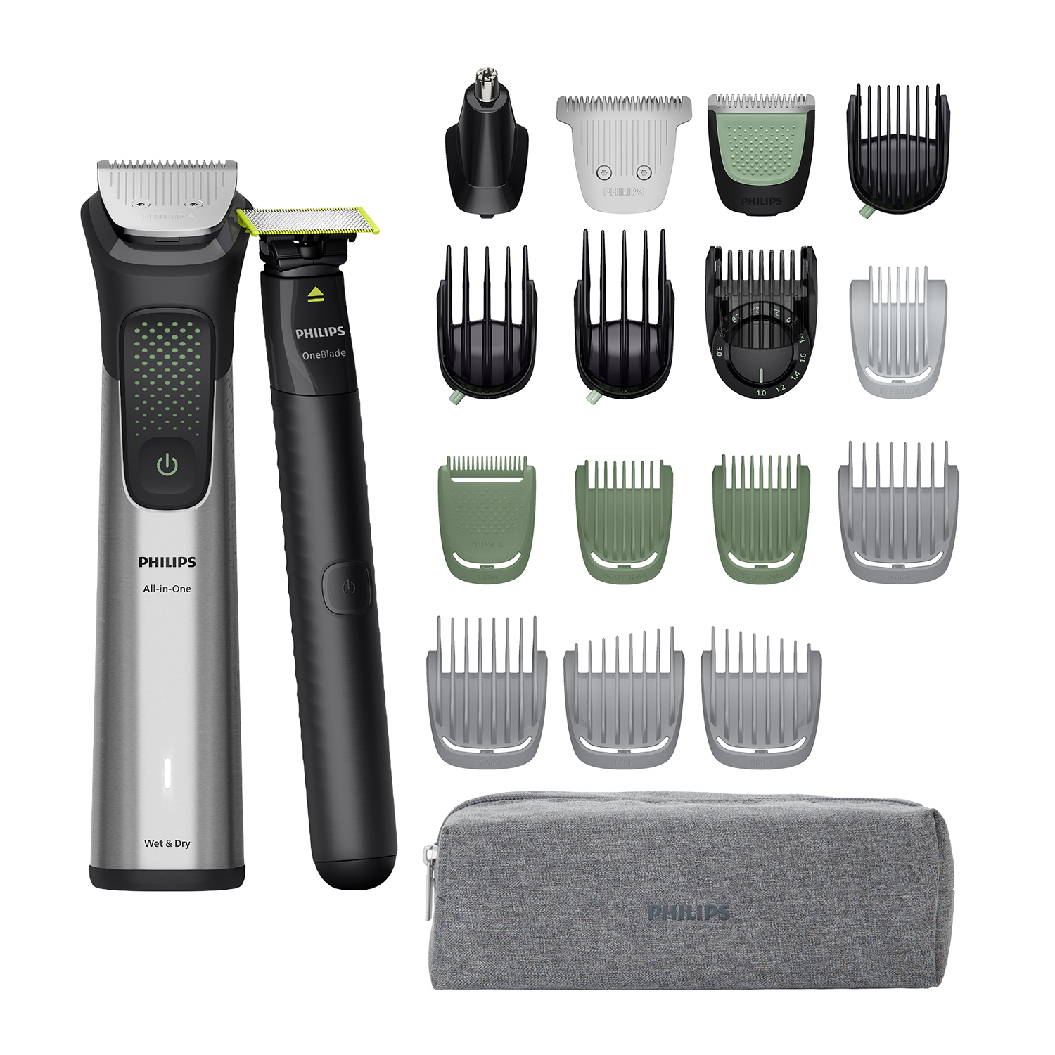 Recortadora Philips All-in-One, OneBlade y accesorios con peines y bolsa.